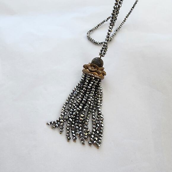 Bohemian neckline long tassel beaded Labradorite crystal gray silver coastal - Picture 5 of 7